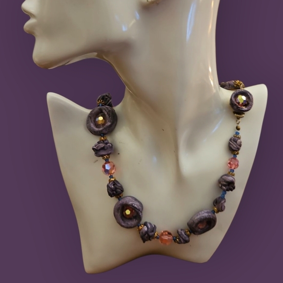 Vintage Artisan Unsigned Clay and Crystal Beaded Necklace - Picture 1 of 13